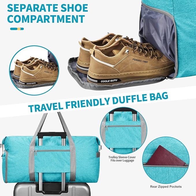 Felipe Varela Carry on luaggage Airlines Approved, Foldable Carry on Bag Travel Duffel Bags Overnight weekender Gym Duffle Carry Bag with Wet Pocket & Shoe Compartment for Women Men (MintGreen, 40L)