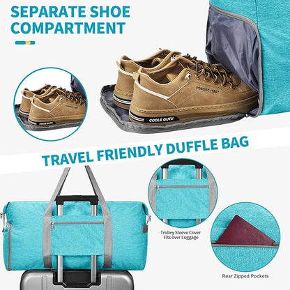 Felipe Varela Carry on luaggage Airlines Approved, Foldable Carry on Bag Travel Duffel Bags Overnight weekender Gym Duffle Carry Bag with Wet Pocket & Shoe Compartment for Women Men (MintGreen, 40L)