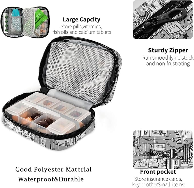 Fustylead Sights of Paris Travel Pill Case Bag with Zipper Weekly Pill Box 8 Compartments 7 Day Personal Pill Case Purse Medicine Case Organizer