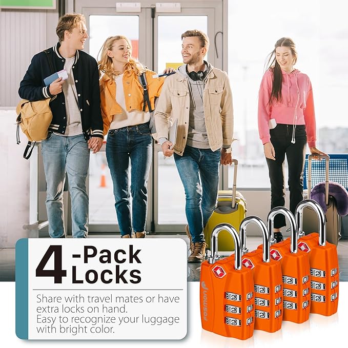 Fosmon TSA Accepted Luggage Locks (Orange - 4 Packs), Open Alert Indicator 3 Digit Combination Padlock Codes for Travel Bag, Suit Case, Lockers