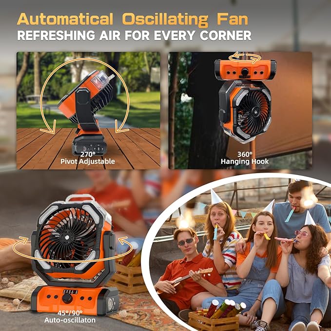 20000mAh Oscillating Camping Fan - Battery Operated Misting Fan with Timer, USB-C, Dual Motor & LED Light for Tent, Beach, Jobsite, Emergency