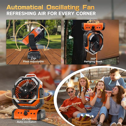 20000mAh Oscillating Camping Fan - Battery Operated Misting Fan with Timer, USB-C, Dual Motor & LED Light for Tent, Beach, Jobsite, Emergency