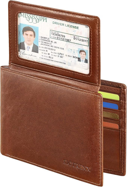 Leather Wallets for Men, Genuine Leather Mens Wallets Bifold Rfid Blocking with 2 ID Windows