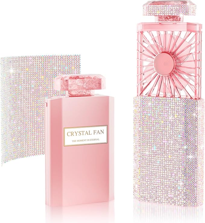 LIGHTDESIRE DIY Bling Crystal Rhinestones Handheld Fan, Mini Personal Cooler, Cooling Small Fans Rechargeable 3 Speeds Mode with Crystal Rhinestones Sticker Sheet(Pink Fan with DIY Diamon)- V1