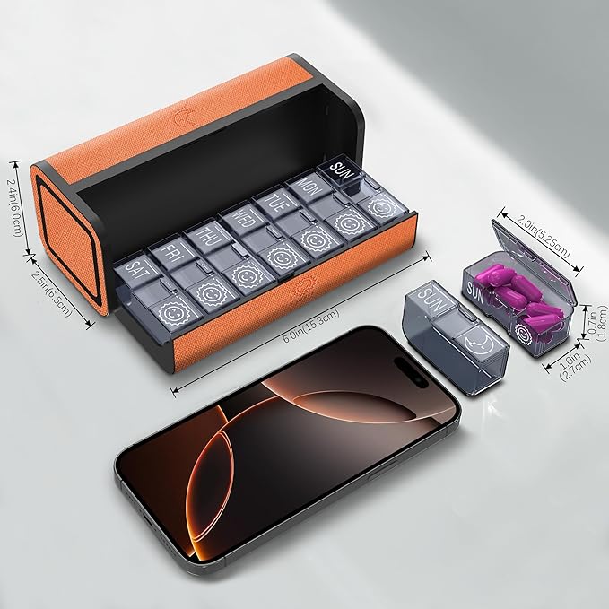 7-Day AM/PM Pill Organizer with Scratch-Resistant Leather Case - Portable Weekly Travel Medicine Box with Detachable Daily Pods & Privacy Design (Bright Orange)