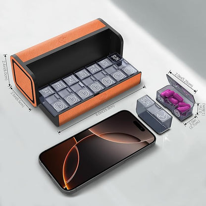 7-Day AM/PM Pill Organizer with Scratch-Resistant Leather Case - Portable Weekly Travel Medicine Box with Detachable Daily Pods & Privacy Design (Bright Orange)