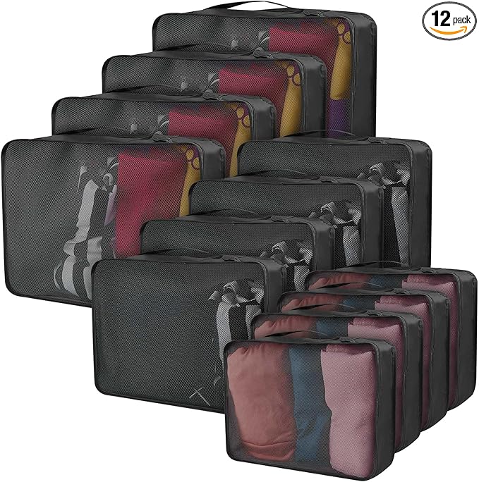 Silkfly 12 Pcs Packing Cubes for Suitcase Travel Luggage Bags Bulk Mesh Organizer Set for Hiking Camping Backpacking Clothes Accessories (Black,XL, L, M Size)