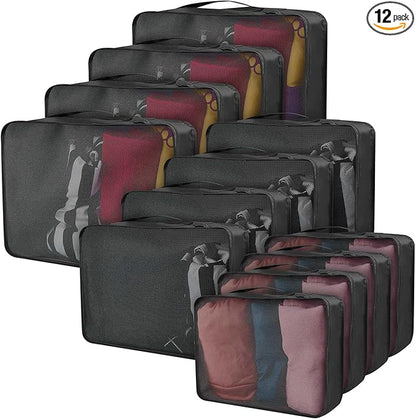 Silkfly 12 Pcs Packing Cubes for Suitcase Travel Luggage Bags Bulk Mesh Organizer Set for Hiking Camping Backpacking Clothes Accessories (Black,XL, L, M Size)