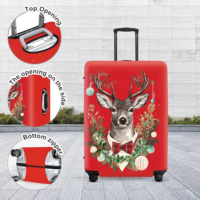 Reindeer Christmas Luggage Cover - Red Background with Wreath and Ornaments, Elegant Holiday Suitcase Protector for 28 30 Inch Travel
