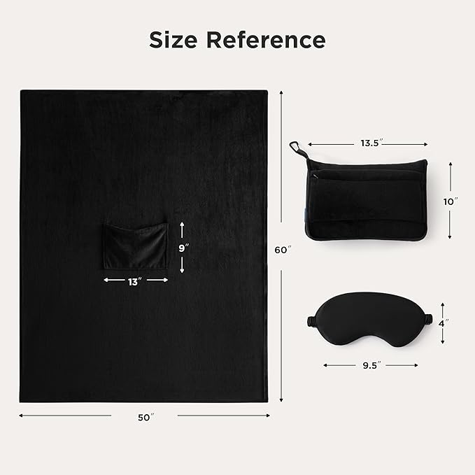 Bedsure Travel Blanket Airplane Compact with Storage Bag, Packable Blanket with Eye Mask, Lightweight 2-in-1 Travel Essentials, Functioned as Pillow for Airplane Comfort and Warmth, Black