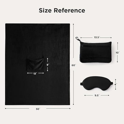 Bedsure Travel Blanket Airplane Compact with Storage Bag, Packable Blanket with Eye Mask, Lightweight 2-in-1 Travel Essentials, Functioned as Pillow for Airplane Comfort and Warmth, Black