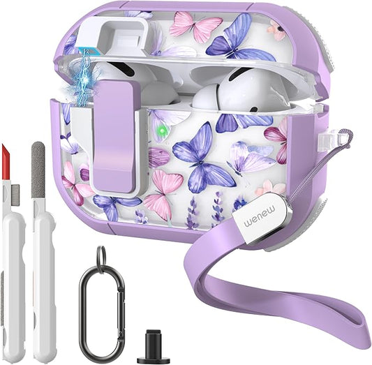 WENEW Case for AirPods Pro & Pro 2 Case Cover Secure Lock Automatic Snap Switch Clip Cleaner Kit Lanyard Women Stylish Hard Shell Full Body Front LED Visible (Purple Butterfly, AirPods Pro & Pro 2)