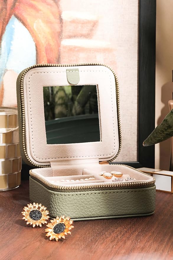 S.Leaf Travel Jewelry Organizer Boxes for Women Small Portable Necklace Earrings Bracelet Rings Travel Case Best Friend Birthday Gifts for Women Trendy (01_Lychee_Sage_Green)