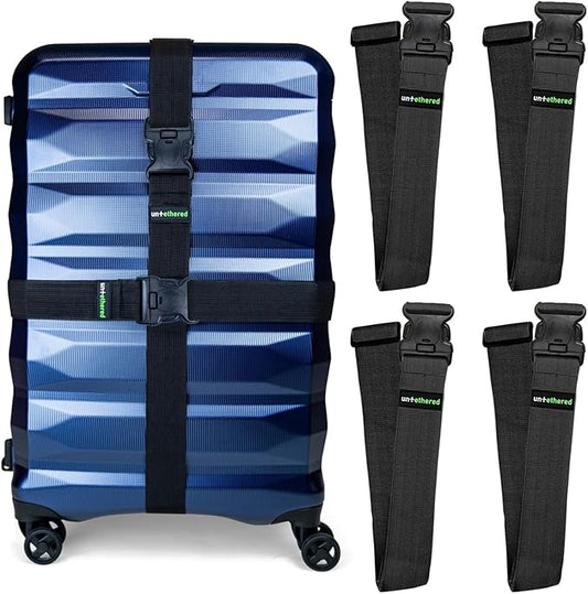 Untethered Luggage Straps | TSA-Approved Suitcase Belts with Heavy-Duty Buckles. Secure Adjustable Travel Accessories for Checked Bags. 4-Pack