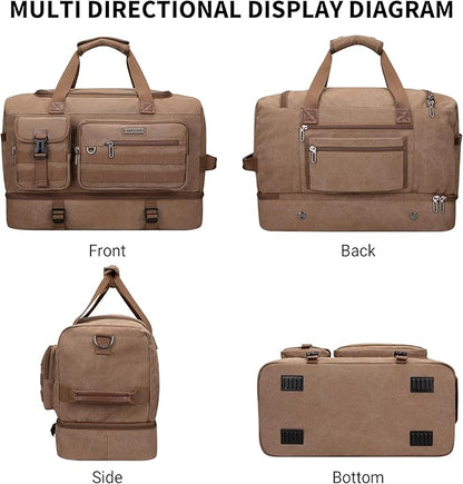 WITZMAN Duffle Bag for Men 50L Canvas Weekender Overnight Bag with Toiletry Bag Sets Travel Duffel Bag Shoes Compartment（A8010-2 Brown）