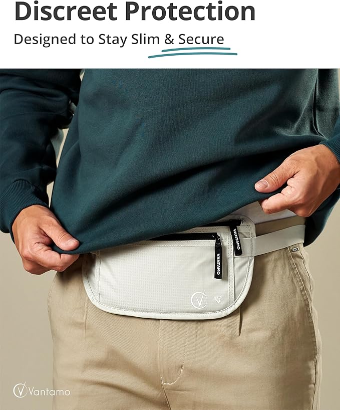 Vantamo Money Belt with RFID For Men & Women, Hidden Passport Holder for Travel, 2 Compartment Travel Fanny Pack for Women Anti Theft