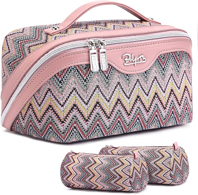 BOYATU Travel Makeup Bag for Women: Western Boho Make up Bag Set of 3 - Large Capacity Vegan Leather Cosmetic Bag - Waterproof Toiletry Bag with Compartments & Handle & Divider(J-1-Pink)