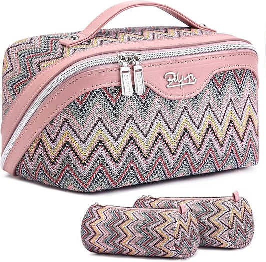 BOYATU Travel Makeup Bag for Women: Western Boho Make up Bag Set of 3 - Large Capacity Vegan Leather Cosmetic Bag - Waterproof Toiletry Bag with Compartments & Handle & Divider(J-1-Pink)