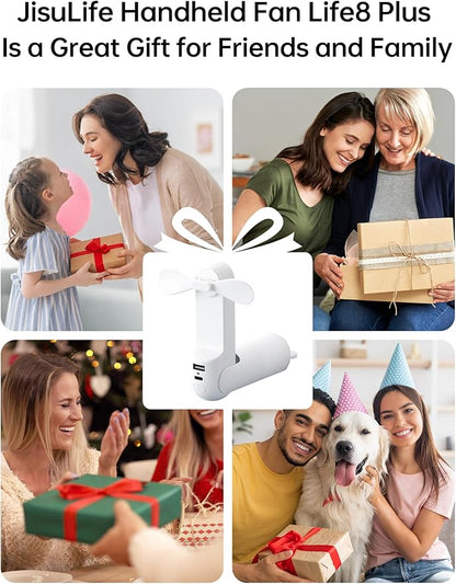 JISULIFE Handheld Fan with 4500 mAh Powerbank Max 37 Hours Runtime, Pocket Portable Battery Operated or USB Powered Folding Personal Fan, 3 Speeds, Gifts for Women Men Kids Gift for Festival-White