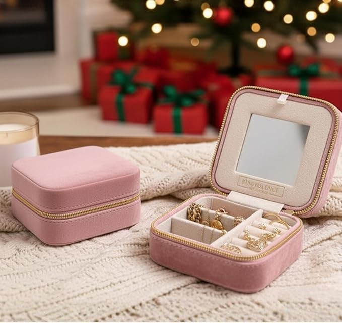 Benevolence LA Plush Velvet Jewelry Box | Travel Jewelry Case Organizer with Mirror | Featured in Oprah's Favorite Things | Best Gifts For Daughter, Girlfriend, Mom | Gifts For Her - Dusty Pink