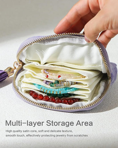 Small Travel Jewelry Case, Mini Travel Jewelry Bag with Zipper, 5-Layer Velvet Organizer Pouch for Bracelet Rings Earrings - Chenille Velvet Light Purple