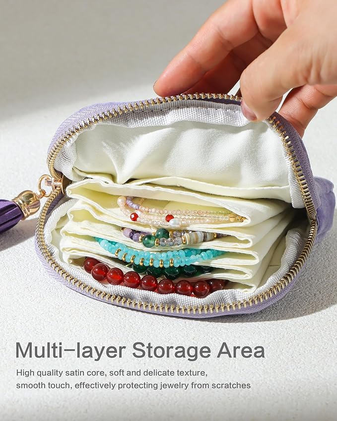 Small Travel Jewelry Case, Mini Travel Jewelry Bag with Zipper, 5-Layer Velvet Organizer Pouch for Bracelet Rings Earrings - Chenille Velvet Yellow