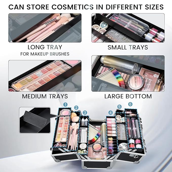 FRENESSA Makeup Train Case Makeup Case 12.6 Inch Large Cosmetic Box Organizer Travel Storage Professional Make Up Train Carrying Case with 6 Trays Locking Shoulder Strap Hard Vanity Storage Black