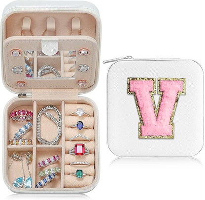 Parima Travel Jewelry Case - Small Jewelry Organizer Box, Mini Travel Case - Letter V, White