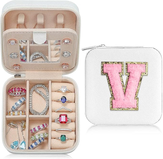 Parima Travel Jewelry Case - Small Jewelry Organizer Box, Mini Travel Case - Letter V, White