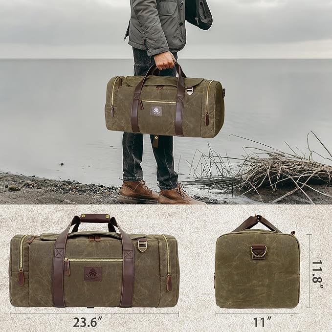 Duffle Bag for Travel, 50L Waxed Canvas Duffle Bag Vintage Travel Bag Overnight Bag with Shoes Compartment Men (Vintage Grey, Large-50L)