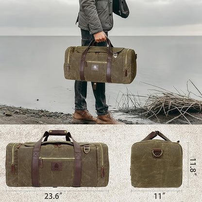 Duffle Bag for Travel, 50L Waxed Canvas Duffle Bag Vintage Travel Bag Overnight Bag with Shoes Compartment Men (Vintage Grey, Large-50L)