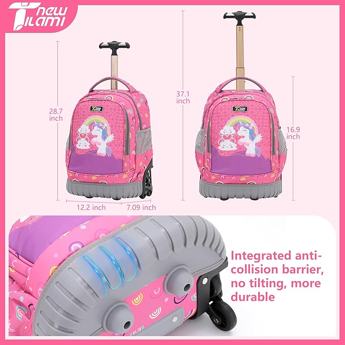 NEW TILAMI 16 Inches Rolling Backpack for Kids Adjustable Laptop Luggage with Wheels for Girl Boy School Travel Camping Boys Rolling Backpack Rainbow Unicorn