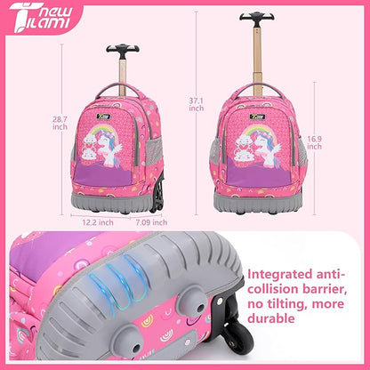 NEW TILAMI 16 Inches Rolling Backpack for Kids Adjustable Laptop Luggage with Wheels for Girl Boy School Travel Camping Boys Rolling Backpack Rainbow Unicorn