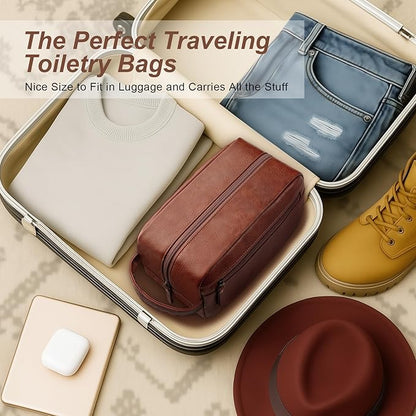 Travel Toiletry Bag for Men and Women, Travel Shaving Dopp Kit Water-resistant Bathroom Toiletries Organizer PU Leather Cosmetic Bags (Brown)