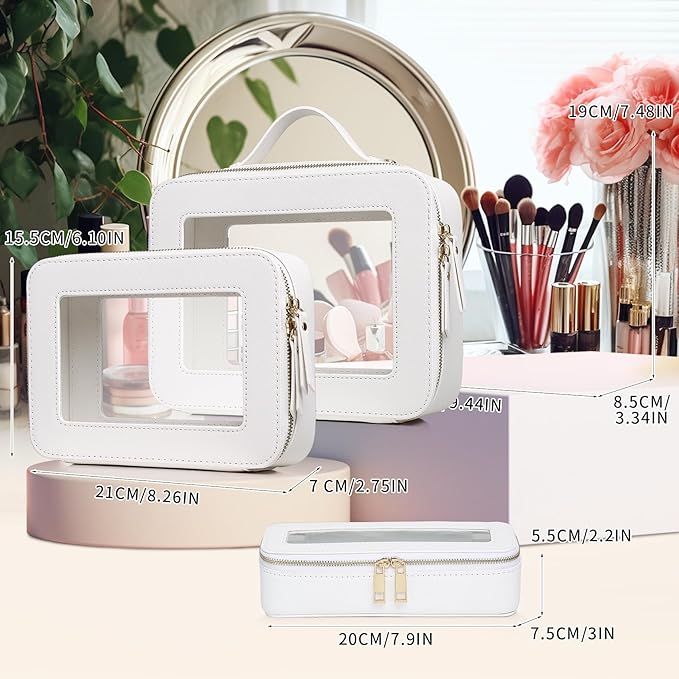 Pinkmik Clear Makeup Bag with Brush Bag 3pcs Waterproof Travel Case for Cosmetics and Toiletries Women's Makeup Organizer with Zipper (White, L+M+SLIM)
