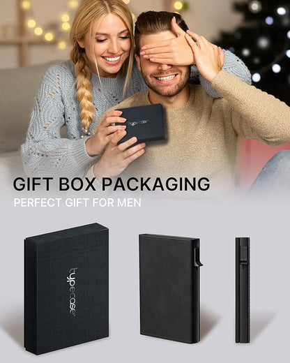 typecase Mens Wallet Card Holder: Pop Up Aluminum Case, Genuine Leather, Smart, RFID Blocking, Slim, Minimalist, Front Pocket - 9-14 Card Capacity | ID Window | Cash Slot - Oil Wax Black