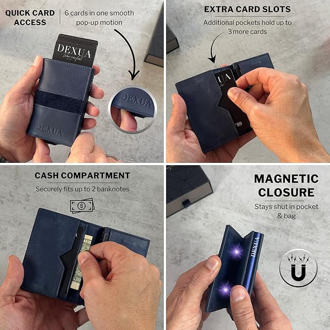 Mens Wallet, Premium Leather Slim Wallet, RFID Blocking Pop-Up Card Holder, Extra Credit Card Slots, Cash Slot, Magnetic Closure, Christmas Gift Ready Gift Box Included
