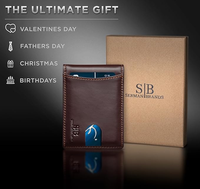 SERMAN BRANDS RFID Blocking Slim Bifold Genuine Leather Minimalist Front Pocket Wallets for Men with Money Clip Thin Gift