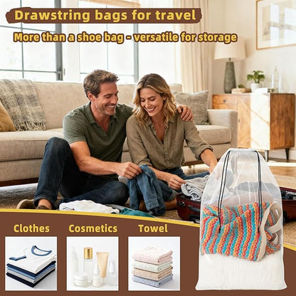100 Pack Clear Shoe Bags for Travel, 12"x18" Large Travel Shoe Bags for Storage and Packing, Waterproof Drawstring Shoe Bag for Traveling, Bulk Travel Essentials for Men and Women