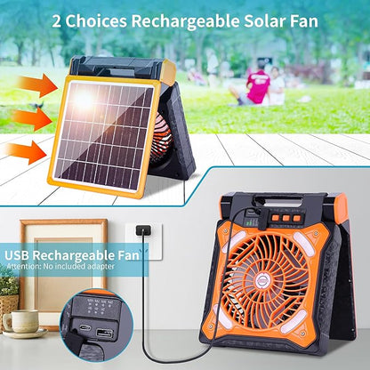 Solar Fan Battery Powered Rechargeable Solar Camping Fan with Led Lantern Power Bank Foldable Angle USB Personal Fans for Travel Outdoor CampingTents camping essentials X98 Orange