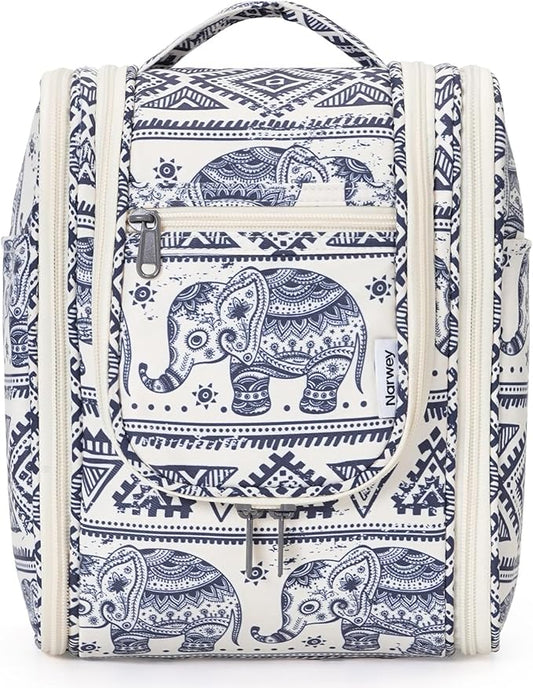 Narwey Small Hanging Toiletry Bag Women Travel Makeup Bag Organizer Toiletries Bag for Travel Size Essentials Accessories Cosmetics (Medium, Elephant)