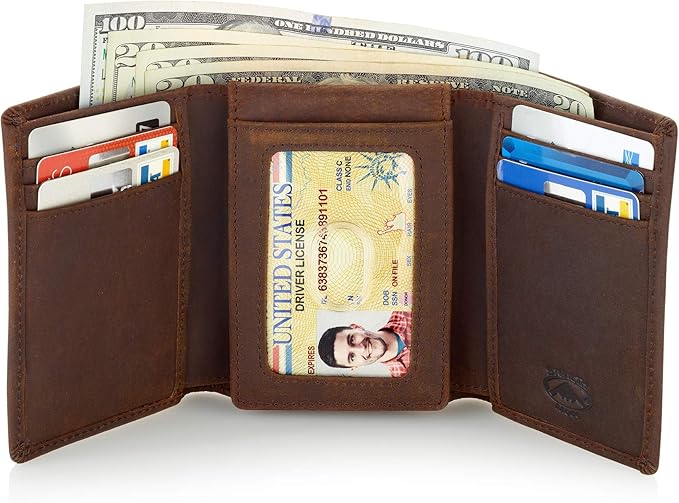 Stealth Mode Trifold Leather Wallet for Men with ID Holder and RFID Blocking (Brown)