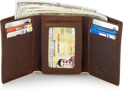 Stealth Mode Trifold Leather Wallet for Men with ID Holder and RFID Blocking (Brown)