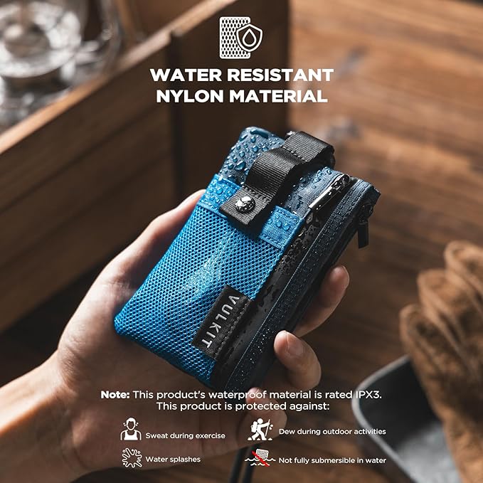 VULKIT Small RFID Wallet for Women & Men – Minimalist Zipper Wallet with ID Window, Keychain & Carabiner, Holds 15 Cards, Water Resistant Travel Lanyard Wallet Blue