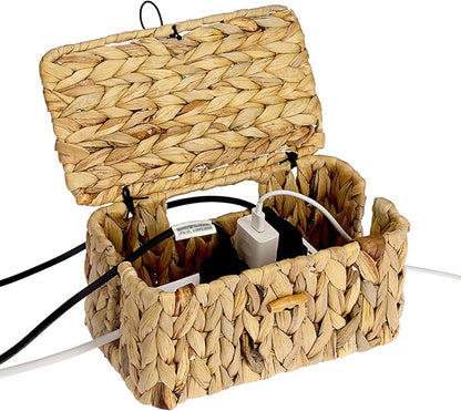 BTSKY Woven Cable Management Box with Lid, Water Hyacinth Cord Organizer for Desk, Cable Organizer Box with 2-Open Slots to Hide Power Strips USB Hubs for Home & Office, Pet Proofing Cord Basket, S