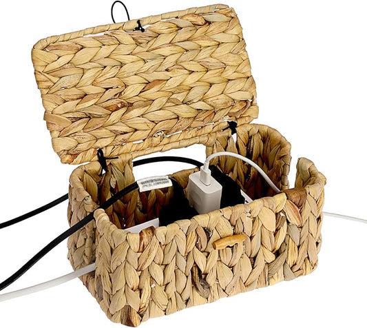 BTSKY Woven Cable Management Box with Lid, Water Hyacinth Cord Organizer for Desk, Cable Organizer Box with 2-Open Slots to Hide Power Strips USB Hubs for Home & Office, Pet Proofing Cord Basket, S