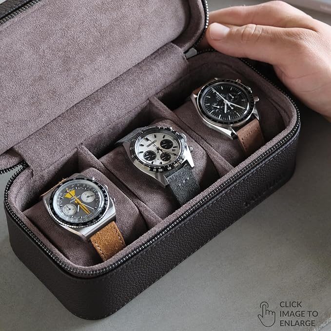 TAWBURY Watch Case - 3 Slot Genuine Top-Grain Leather Watch Travel Case for Men & Women with Metal Zipper and Extra Wide Pillows for Large Watches (Brown)