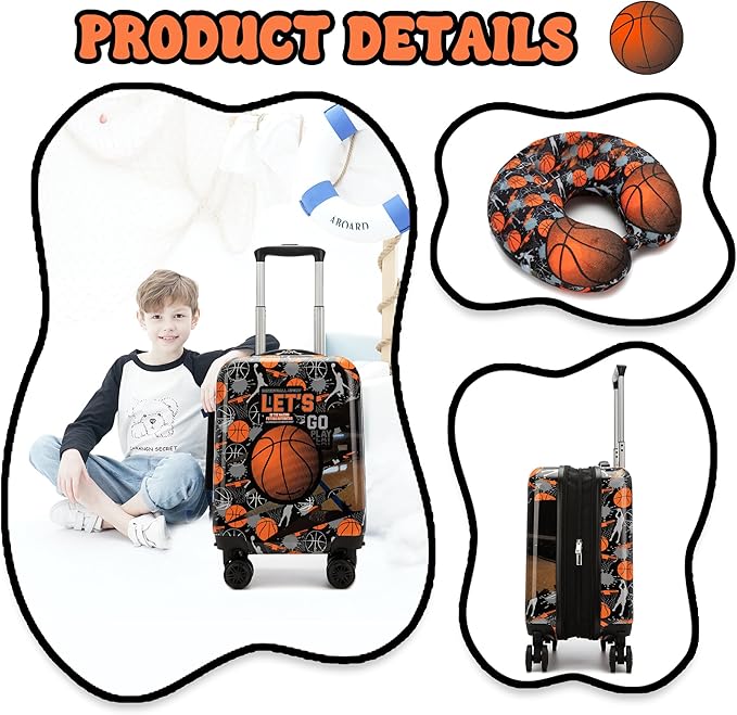 Kid’s Luggage Set 5 Piece Suitcase Set 16’’ Hardside Basketball Luggage with Spinner Wheels Boys Carry on Toddler Travel Rolling Suitcase Carry on Luggage Airline Approved