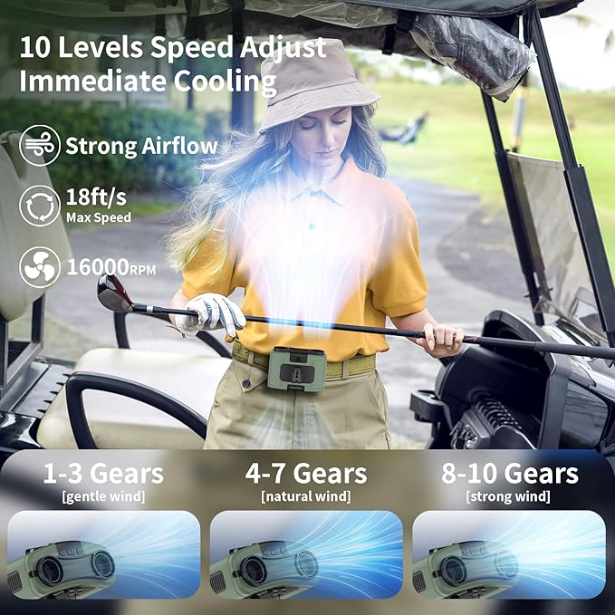 Socool 10000mAh Portable Waist Fan Clip on Wearable Belt Personal Fans Rechargeable Battery Operated, 20H Cooling with 10 Speeds & Dual Motors,Neck Hanging Hands-Free for Outdoor Travel Power Bank