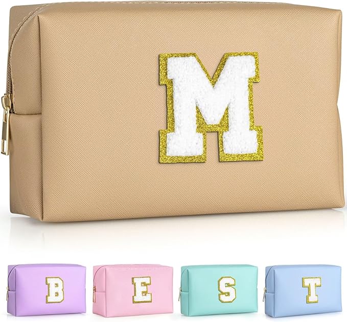 TOPEAST Monogrammed Gifts for Women, Preppy Makeup Bag Small Cosmetic Bag Travel Toiletry Bag, Personalized Birthday Gift for Girl, Wedding Bridal Shower Gifts for Bridesmaids (Khaki M)